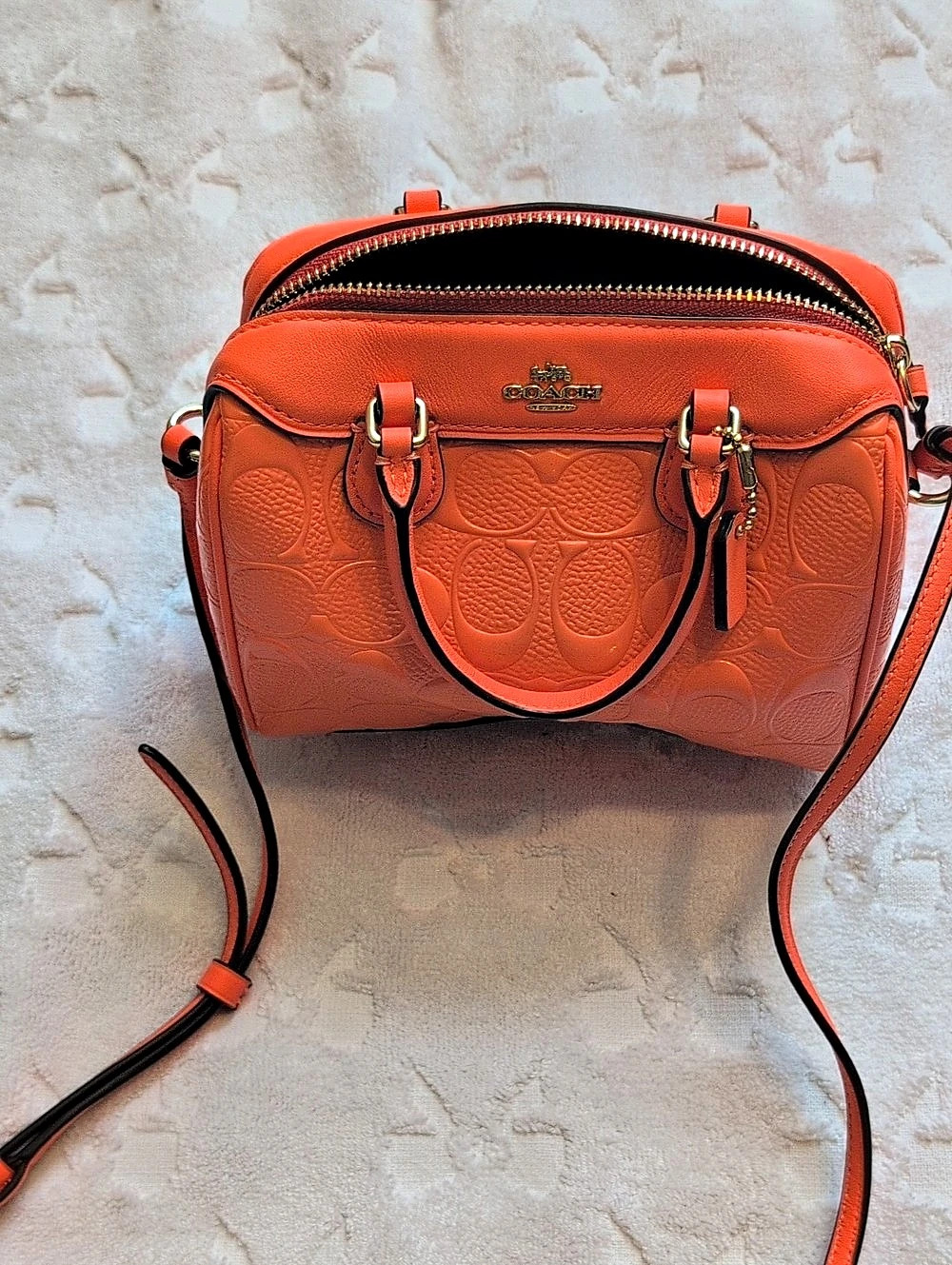Coach Mini Rowan Satchel in Embossed Signature Leather Orange Crossbody Bag Like